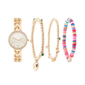 Jessica Carlyle Inspirational Ladies Metal Strap Analog Watch and 3 Bracelets, Shiny Gold