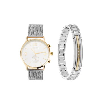 Jones New York Men's Analog Silver Tone Metal Watch and Bracelet Set 42mm