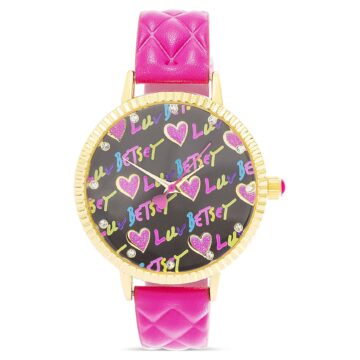 Luv Betsey Women's Black Dial with Color Glitter Printed with Gold Case and Pink Quilted Strap Women's Watch