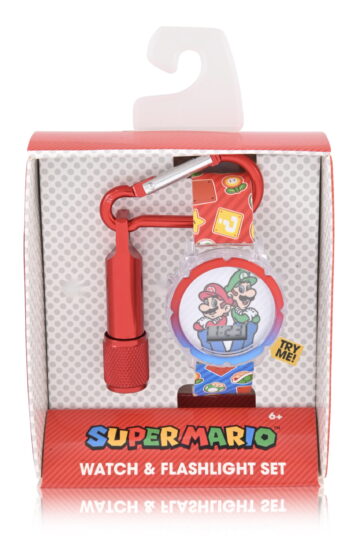 Nintendo Super Mario Brothers Unisex Child Red and Blue 2pc LCD Watch and Flashlight Set, GSM40095WM