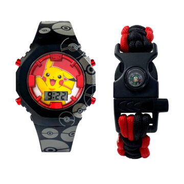 Pokémon Pikachu Unisex Child Red and Black LCD Watch and Survival Bracelet Set, POK40069WM