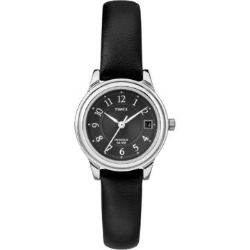 Timex Women's Porter Street 26mm Watch – Silver-Tone Case Black Dial with Black Leather Strap