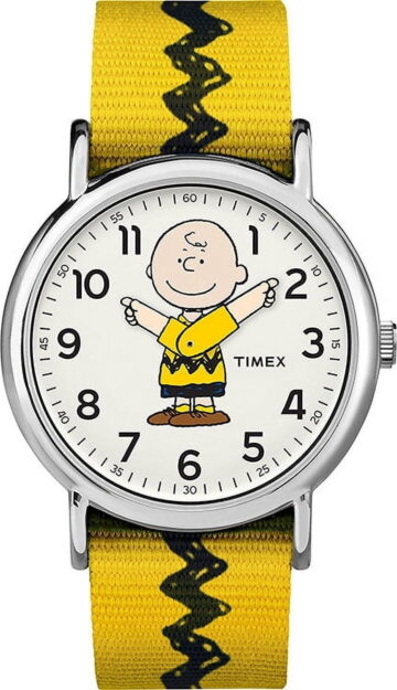 Timex x Peanuts Unisex Weekender 38mm Watch – Charlie Brown with Yellow & Black Fabric Slip-Thru Strap