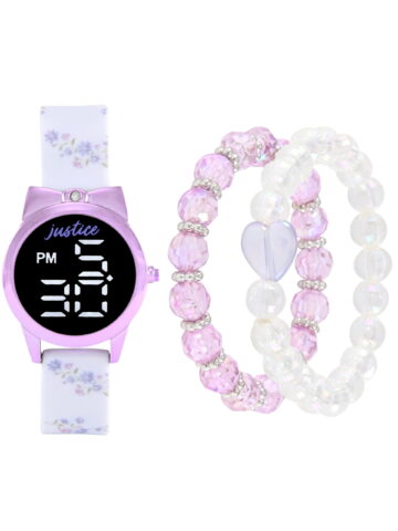 Justice Girls White Floral Printed Silicone Strap Watch with Purple Metallic Bow Shaped Case & Matching Stretch Bracelets; JSE40312WM