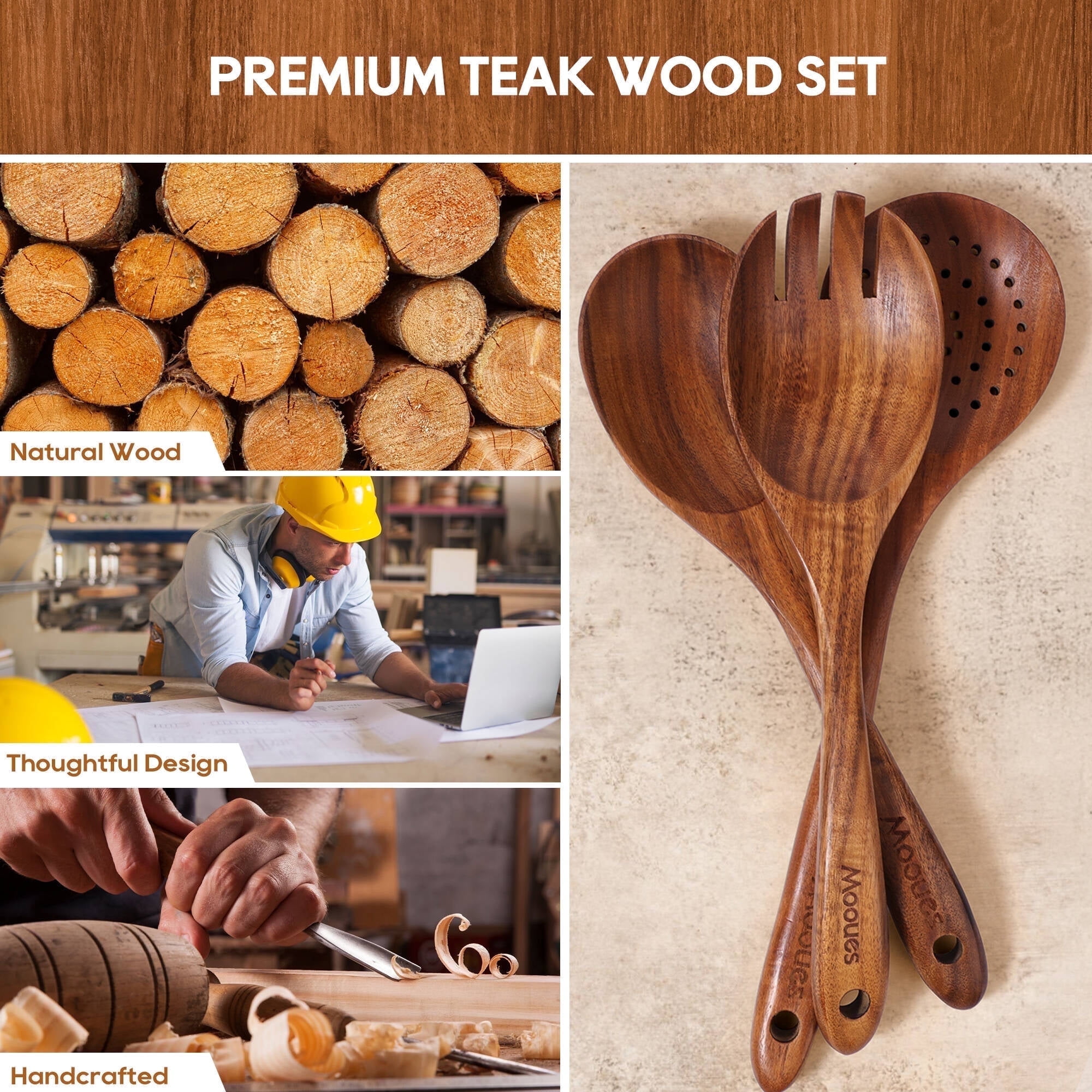 ACMETOP Wooden Spoons for Cooking, 10PCS Teak Wood Kitchen Utensils Set With 10 Hooks, Nonstick Cookware Utensil Set - Mother's Day Gift - Image 5