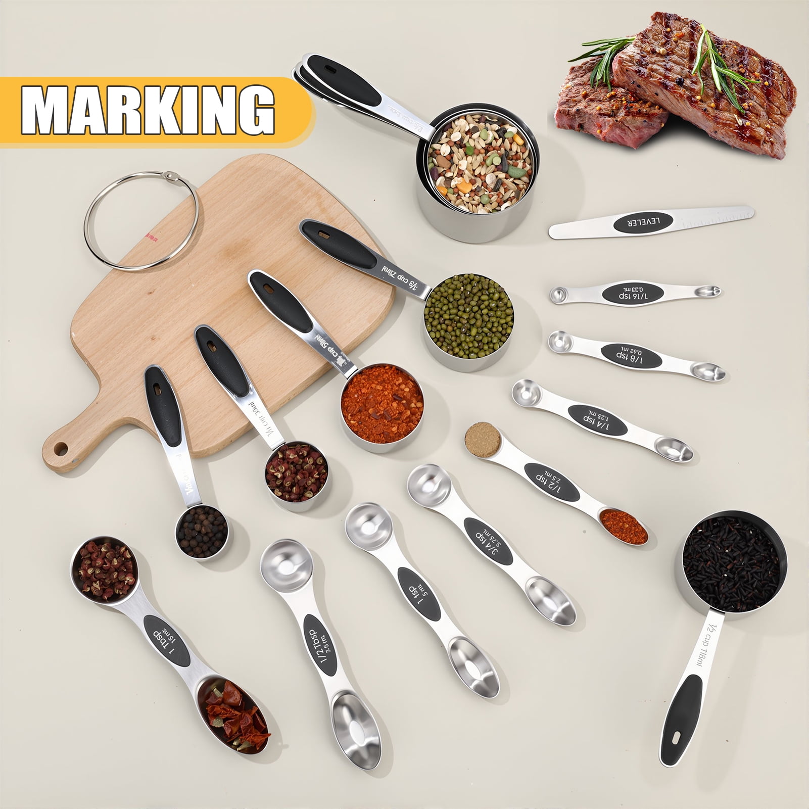 AOWOO 17 Pieces Measuring Cups and Magnetic Measuring Spoons Set Stainless Steel, 8 Measure Cups with Silicone Handle and 8 Double Sided Magnetic Measure Spoons & 1 Leveler - Image 4