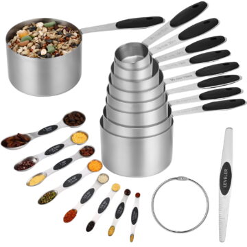 AOWOO 17 Pieces Measuring Cups and Magnetic Measuring Spoons Set Stainless Steel, 8 Measure Cups with Silicone Handle and 8 Double Sided Magnetic Measure Spoons & 1 Leveler