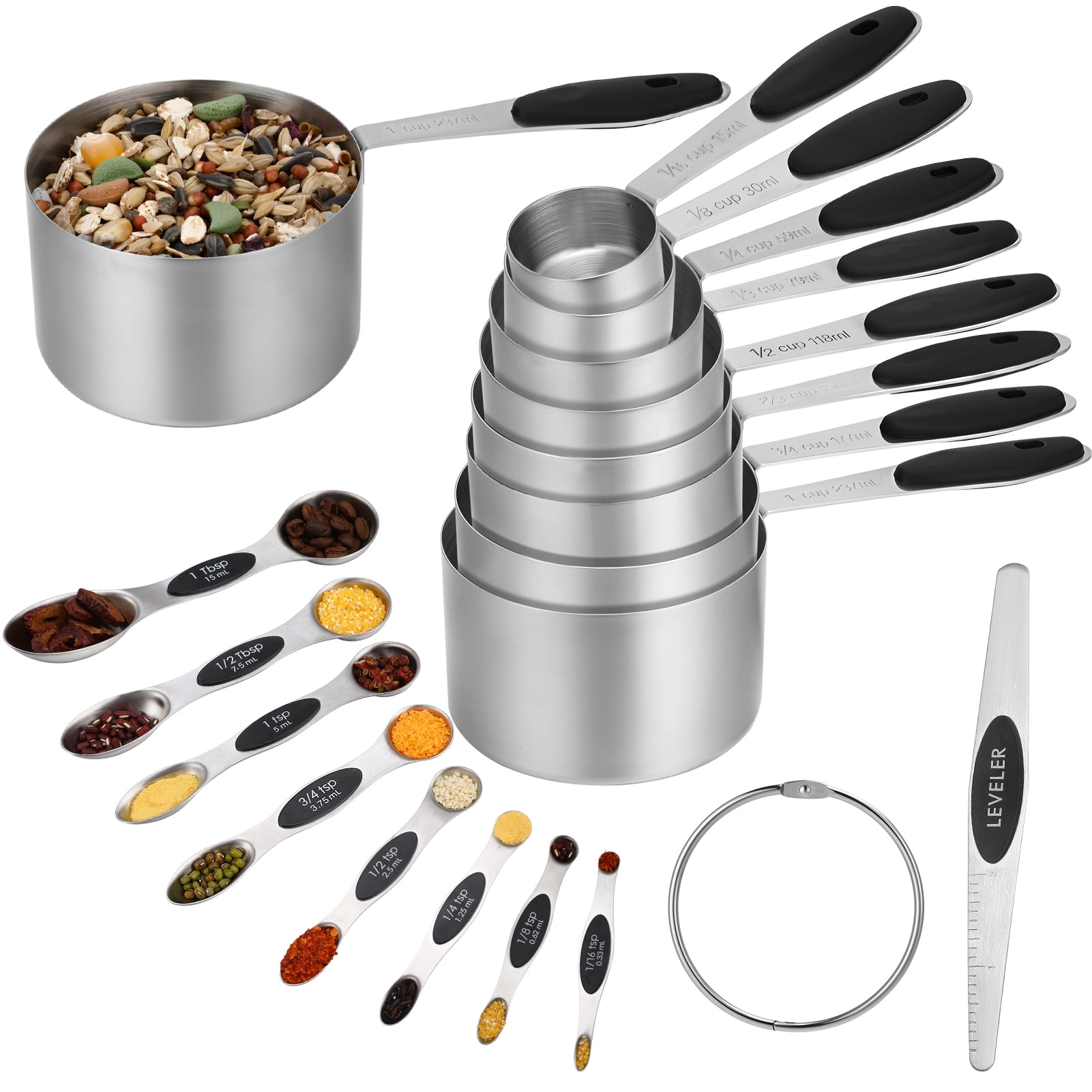 AOWOO 17 Pieces Measuring Cups and Magnetic Measuring Spoons Set Stainless Steel, 8 Measure Cups with Silicone Handle and 8 Double Sided Magnetic Measure Spoons & 1 Leveler