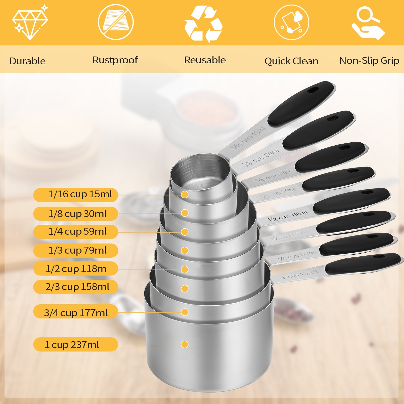 AOWOO 17 Pieces Measuring Cups and Magnetic Measuring Spoons Set Stainless Steel, 8 Measure Cups with Silicone Handle and 8 Double Sided Magnetic Measure Spoons & 1 Leveler - Image 5