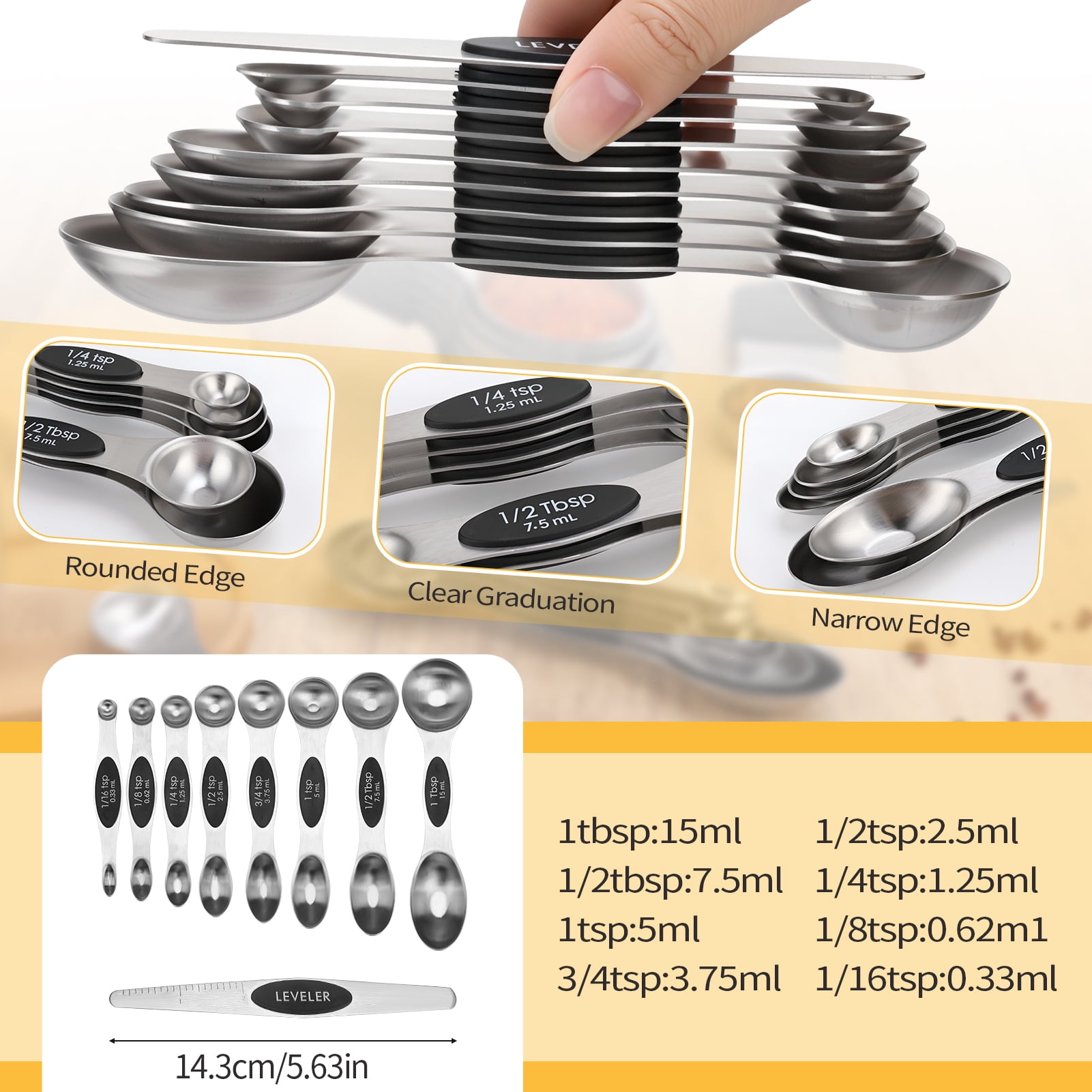 AOWOO 17 Pieces Measuring Cups and Magnetic Measuring Spoons Set Stainless Steel, 8 Measure Cups with Silicone Handle and 8 Double Sided Magnetic Measure Spoons & 1 Leveler - Image 3