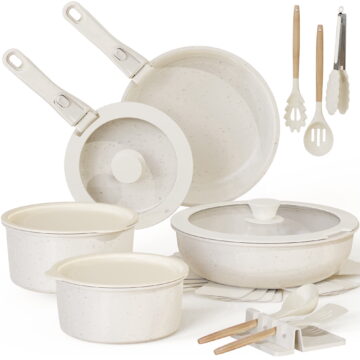 Astercook 20 Piece Pots and Pans Set Non Stick, Cookware Set with Detachable Handle, Oven Safe, Induction Ready, Stackable RV Kitchen Cooking Set Removable Handles, Cream White