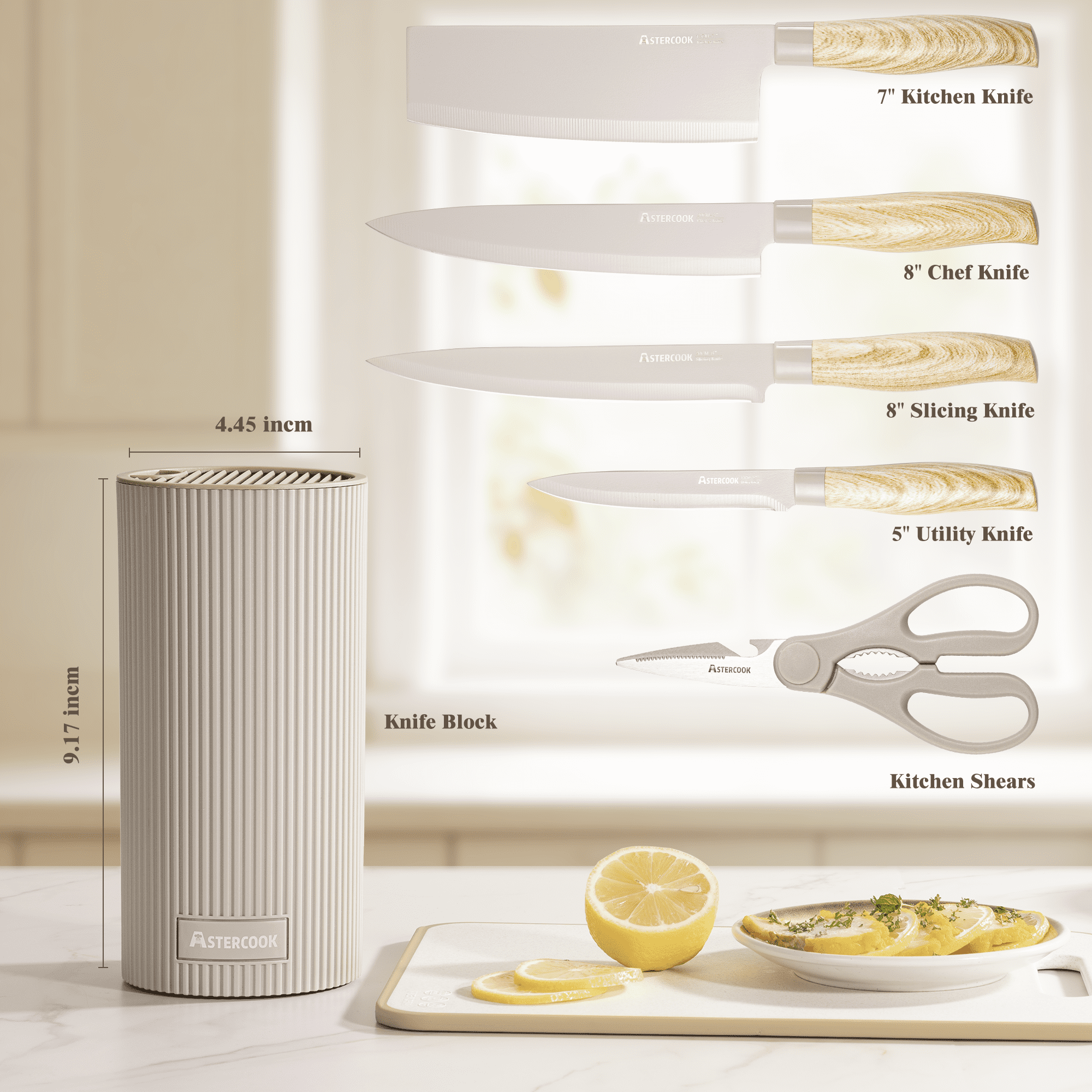 Astercook Knife Set, 6-Piece Kitchen Knives Set with Block & Non-Stick Healthy Coating, Stainless Steel Chef Knives with Anti-Slip Ergonomic Handle, Dishwasher Safe, Perfect Kitchen Home Gifts, Beige - Image 2