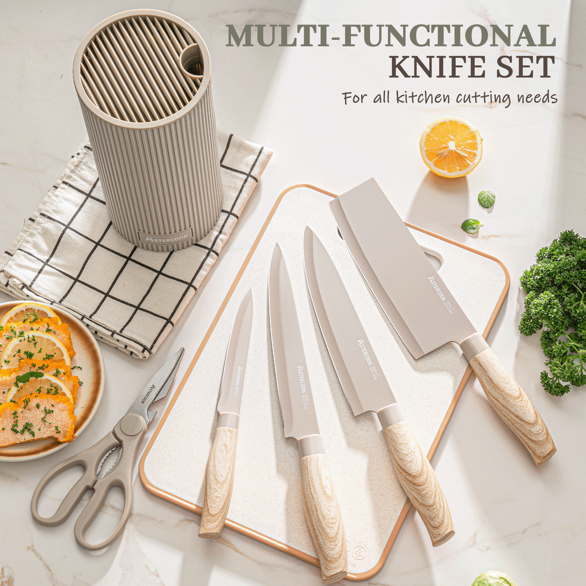 Astercook Knife Set, 6-Piece Kitchen Knives Set with Block & Non-Stick Healthy Coating, Stainless Steel Chef Knives with Anti-Slip Ergonomic Handle, Dishwasher Safe, Perfect Kitchen Home Gifts, Beige - Image 3