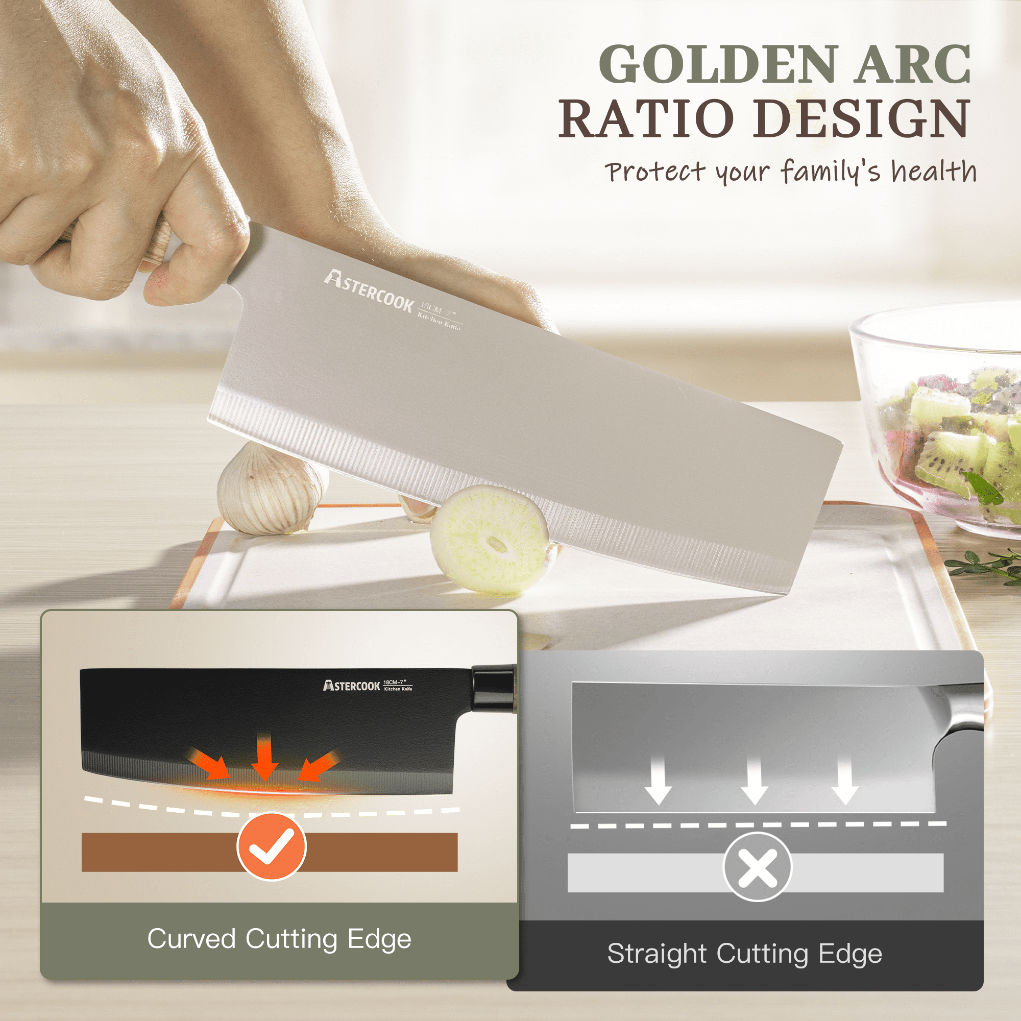 Astercook Knife Set, 6-Piece Kitchen Knives Set with Block & Non-Stick Healthy Coating, Stainless Steel Chef Knives with Anti-Slip Ergonomic Handle, Dishwasher Safe, Perfect Kitchen Home Gifts, Beige - Image 5