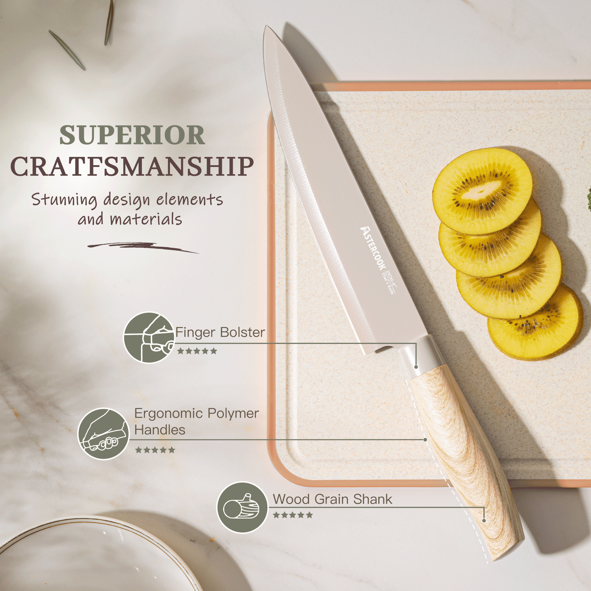 Astercook Knife Set, 6-Piece Kitchen Knives Set with Block & Non-Stick Healthy Coating, Stainless Steel Chef Knives with Anti-Slip Ergonomic Handle, Dishwasher Safe, Perfect Kitchen Home Gifts, Beige - Image 4