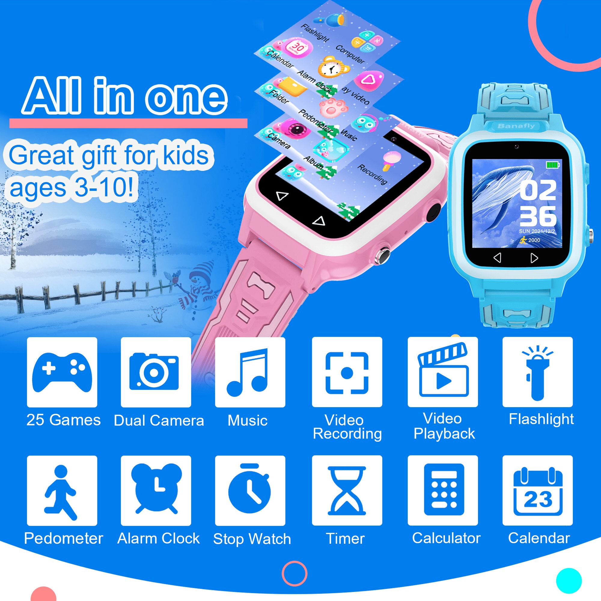 Banafly Toys Watch Smart Watch for Kids Boys Girls - Kids Toys for 3-10 Year Old, Toddler Watch with 25 Games Dual Camera Music Pedometer, Birthday Gifts for Boys 3 4 5 6 7 8 9 10 (Blue) - Image 2