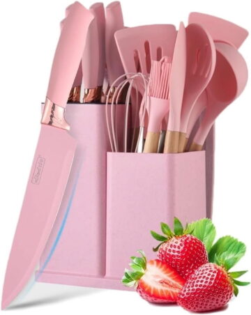 Bartans Silicone Cooking Utensils Set, BPA Free Heat Resistant Pink Baking Tools Kitchen Knife 19 Pc