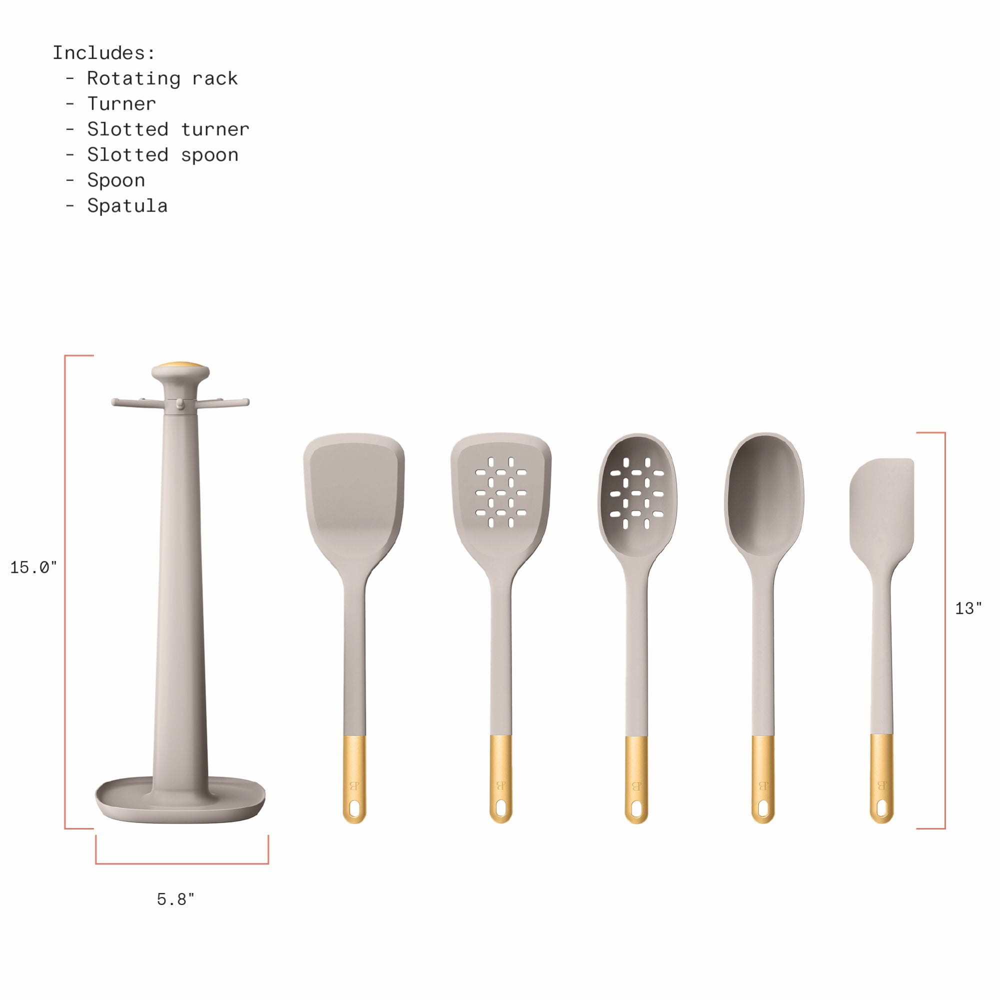 Beautiful 6-Piece Silicone Kitchen Utensil Tool Set with Rotating Rack by Drew Barrymore, Porcini Taupe - Image 5