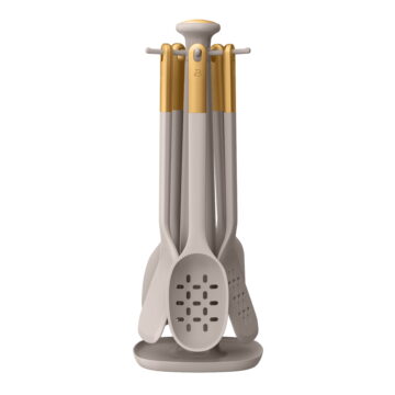 Beautiful 6-Piece Silicone Kitchen Utensil Tool Set with Rotating Rack by Drew Barrymore, Porcini Taupe