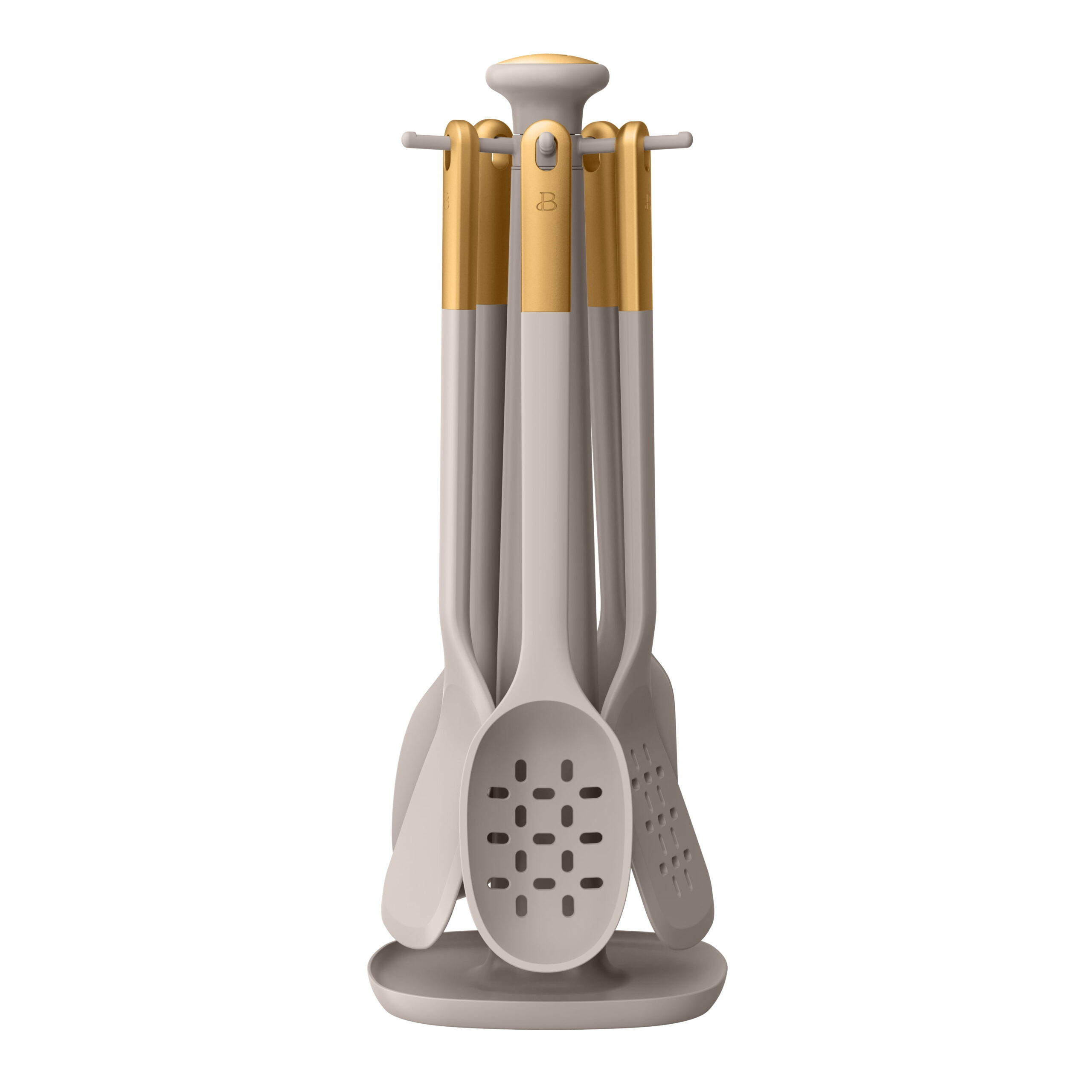 Beautiful 6-Piece Silicone Kitchen Utensil Tool Set with Rotating Rack by Drew Barrymore, Porcini Taupe