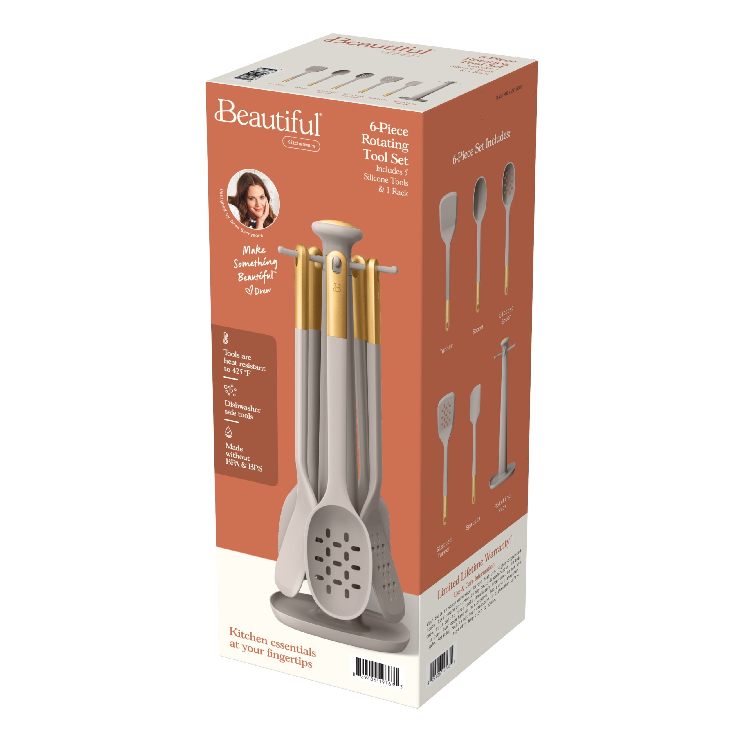 Beautiful 6-Piece Silicone Kitchen Utensil Tool Set with Rotating Rack by Drew Barrymore, Porcini Taupe - Image 3