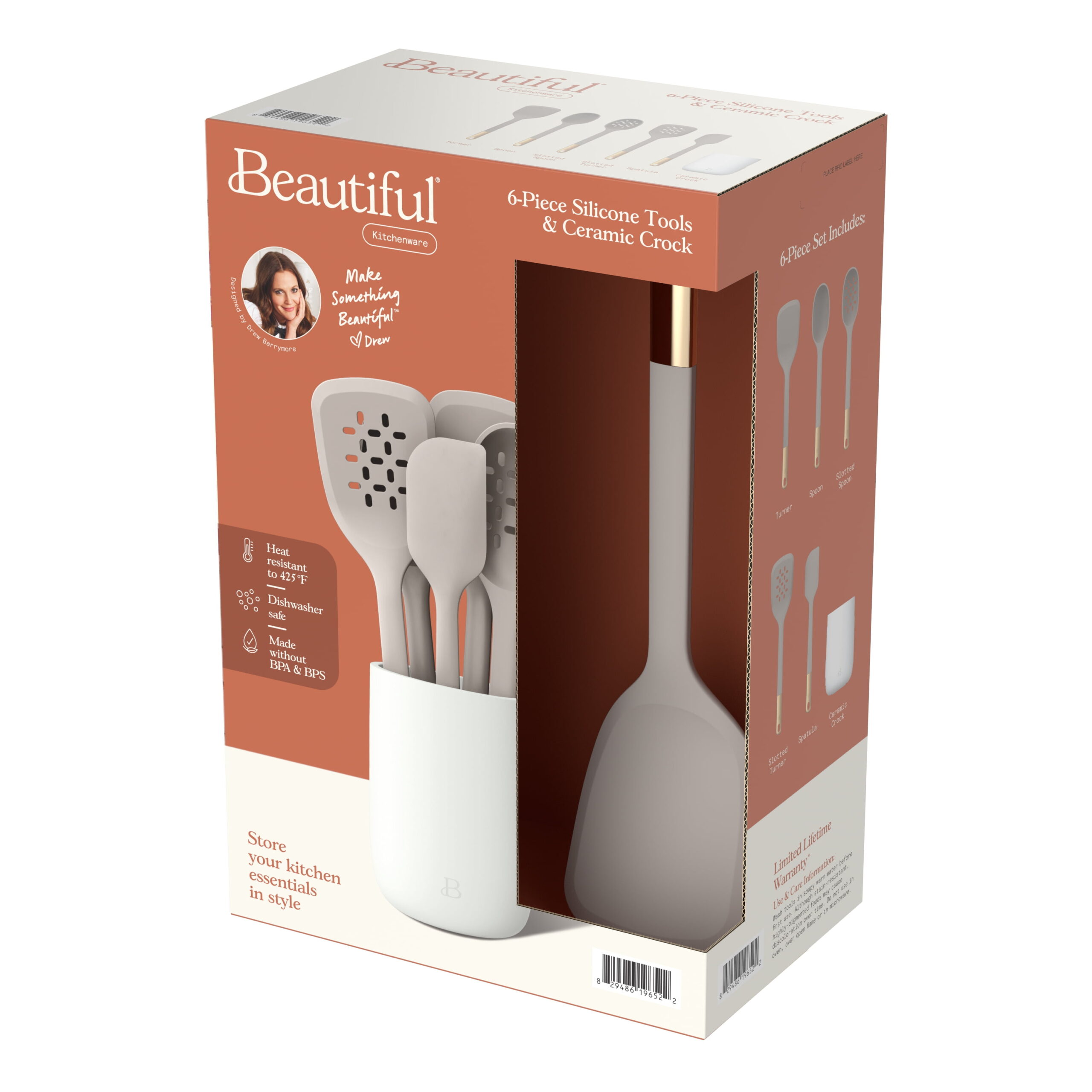 Beautiful 6-Piece Silicone Tool Set with Ceramic Crock, Porcini Taupe by Drew Barrymore - Image 5