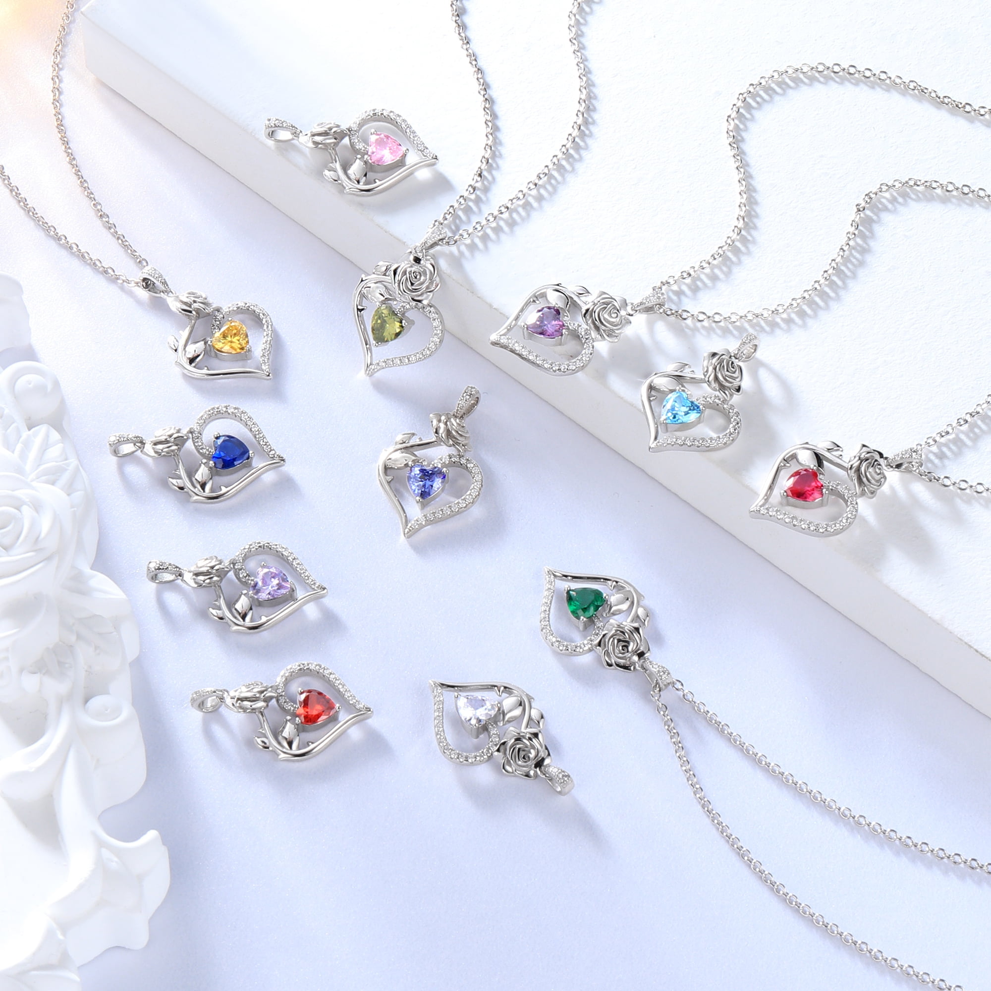 Beautlace 925 Sterling Silver Birthstone Necklace Rose Flower Heart Pendant Jewelry Christmas Valentines Mother's Day Gifts for Women Mom Wife/Lover - Image 5