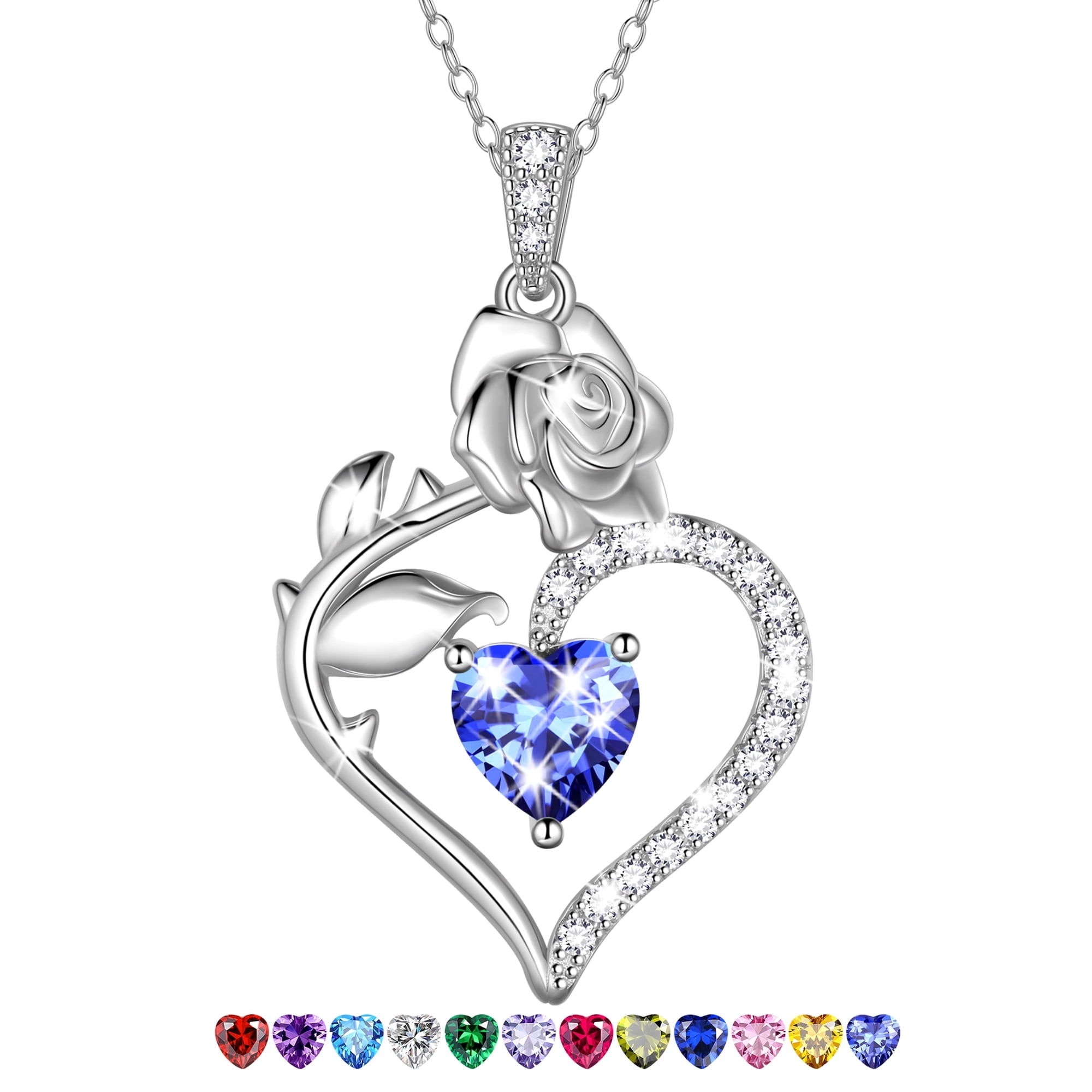 Beautlace 925 Sterling Silver Birthstone Necklace Rose Flower Heart Pendant Jewelry Christmas Valentines Mother's Day Gifts for Women Mom Wife/Lover