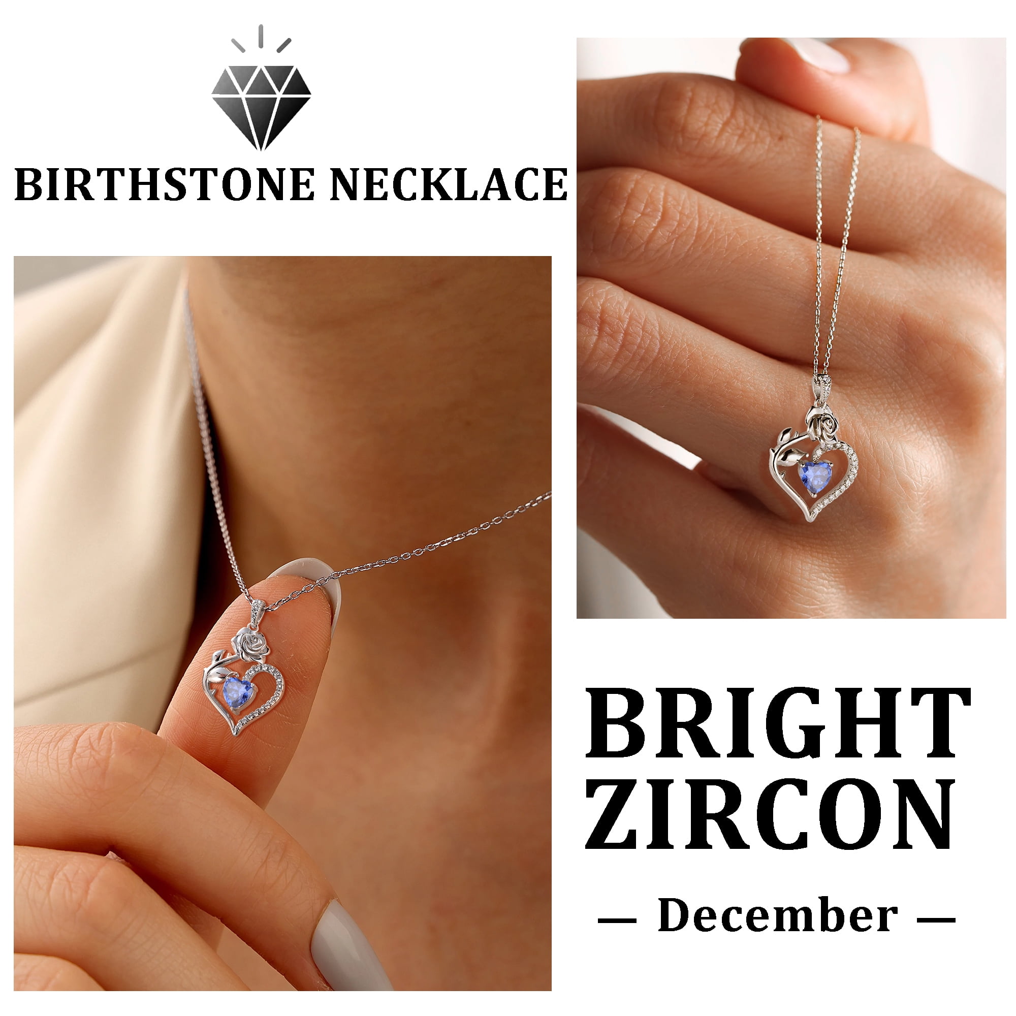 Beautlace 925 Sterling Silver Birthstone Necklace Rose Flower Heart Pendant Jewelry Christmas Valentines Mother's Day Gifts for Women Mom Wife/Lover - Image 3