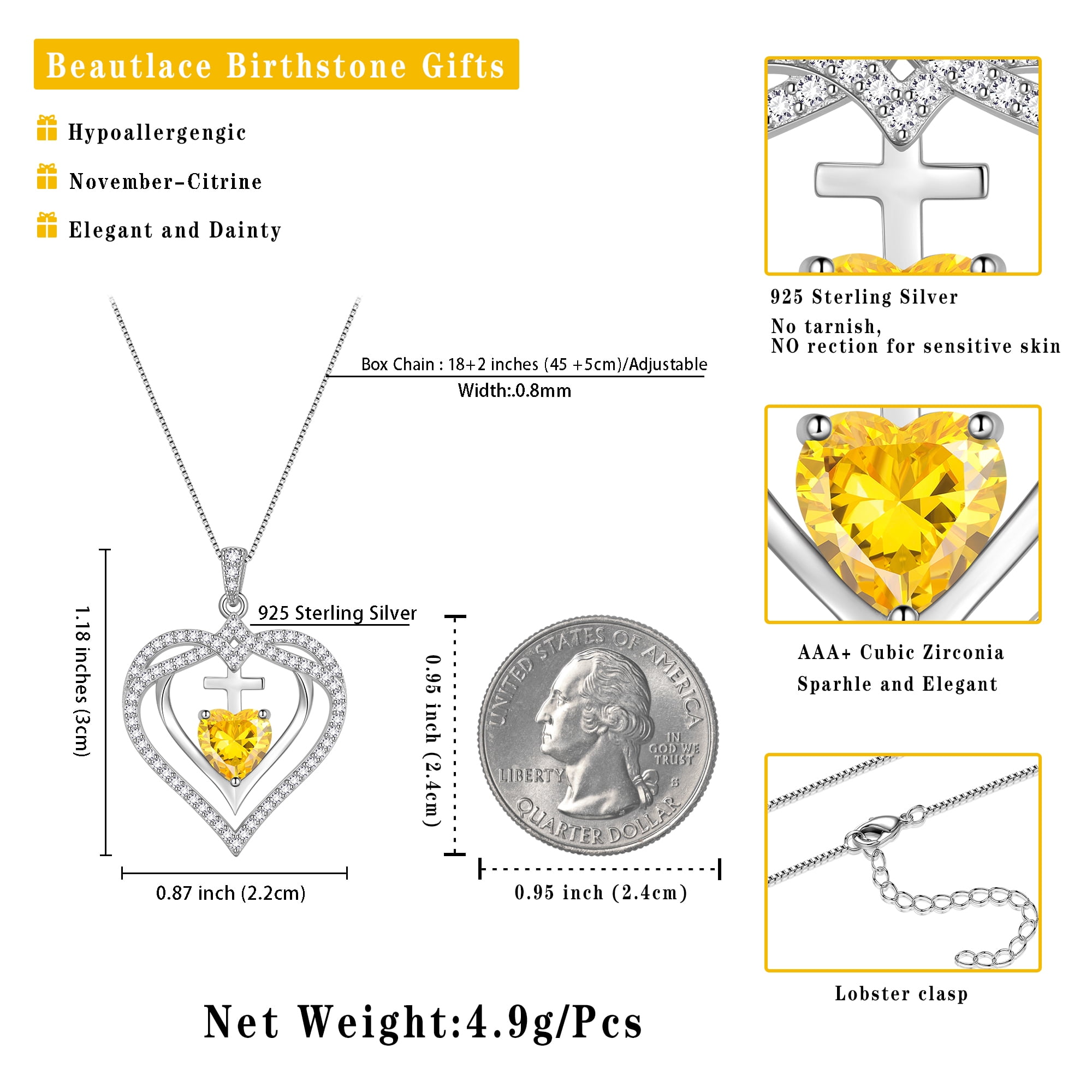 Beautlace 925 Sterling Silver Cross Necklace,November Birthstone Heart Pendant Necklace Jewelry Birthday Christmas Mothers Day Gifts for Women Mom - Image 3