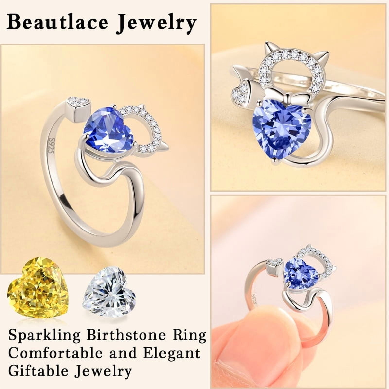 Beautlace 925 Sterling Silver Heart December Birthstone Ring, Cute Cat Animal Adjustable Open Rings Birthday Christmas Valentines Jewelry Gifts for Women - Image 3