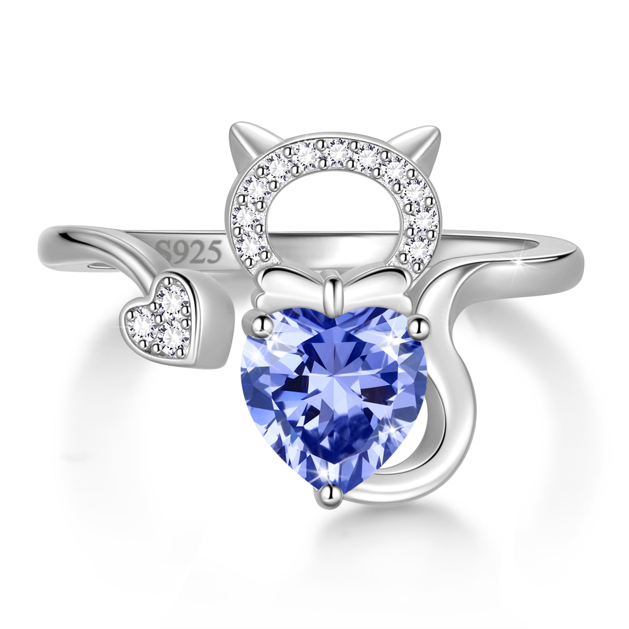 Beautlace 925 Sterling Silver Heart December Birthstone Ring, Cute Cat Animal Adjustable Open Rings Birthday Christmas Valentines Jewelry Gifts for Women