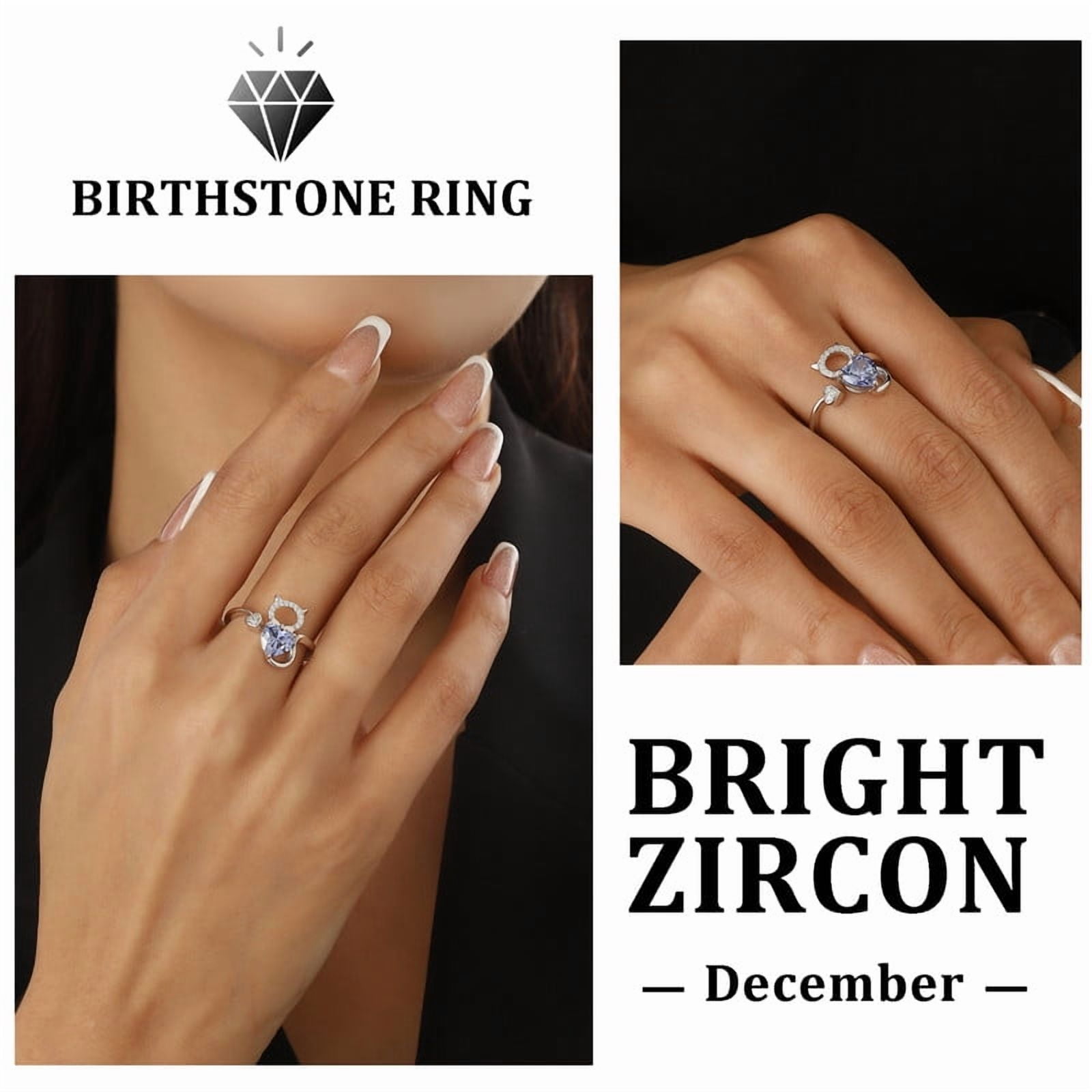 Beautlace 925 Sterling Silver Heart December Birthstone Ring, Cute Cat Animal Adjustable Open Rings Birthday Christmas Valentines Jewelry Gifts for Women - Image 2