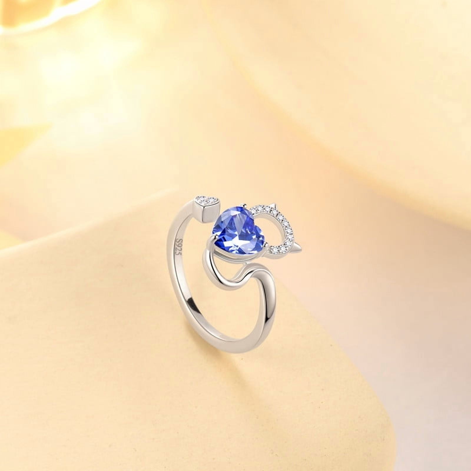 Beautlace 925 Sterling Silver Heart December Birthstone Ring, Cute Cat Animal Adjustable Open Rings Birthday Christmas Valentines Jewelry Gifts for Women - Image 4
