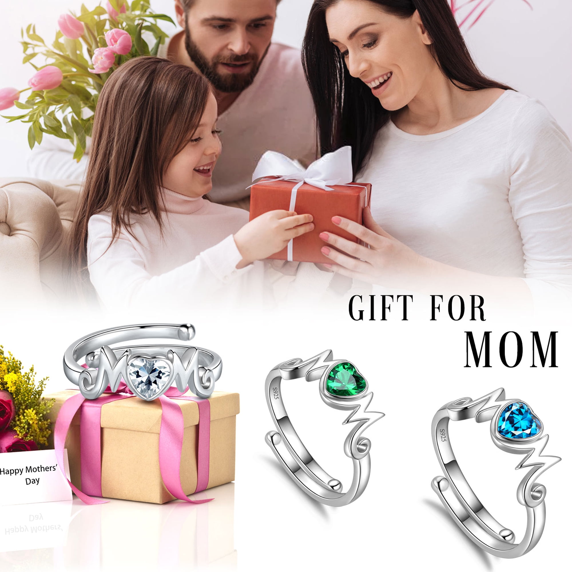 Beautlace 925 Sterling Silver Heart Mom Mother Rings,Cubic Zirconia Birthstone Adjustable Ring for Mum's Gift Grandma's Gift - Image 2