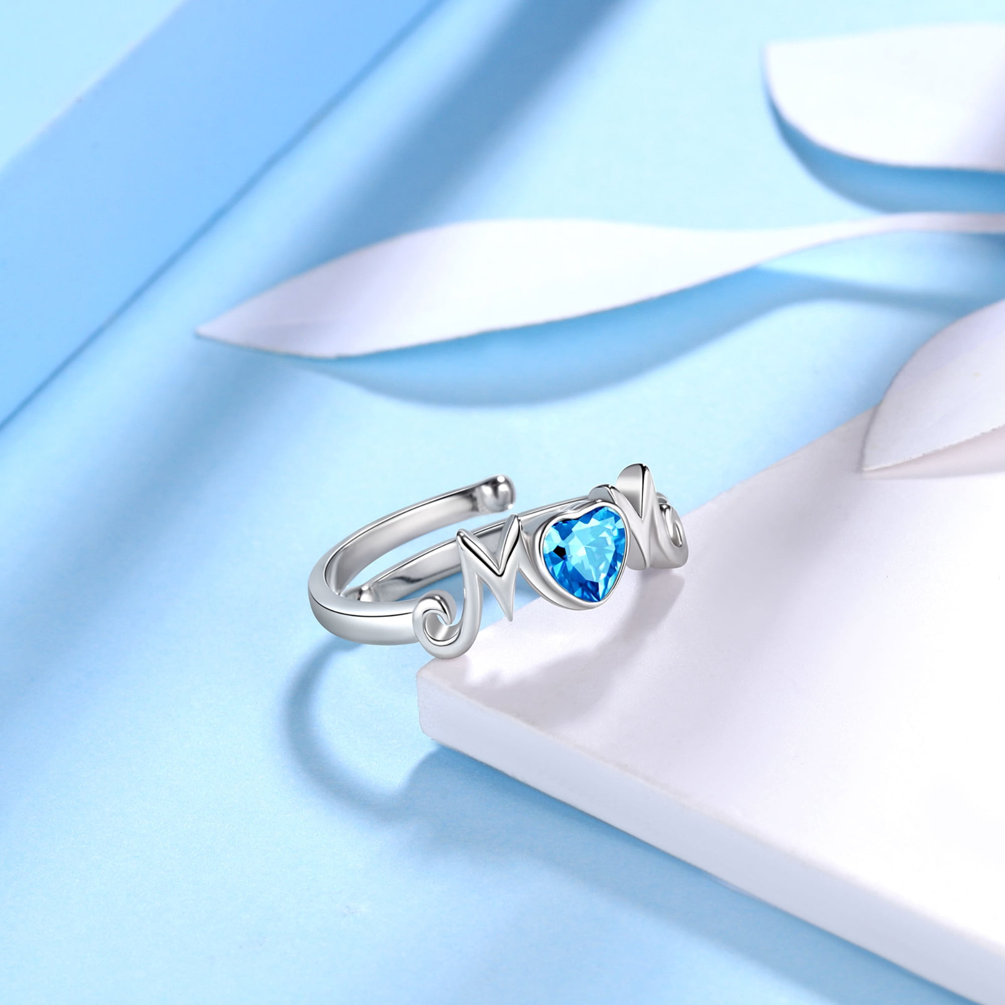 Beautlace 925 Sterling Silver Heart Mom Mother Rings,Cubic Zirconia Birthstone Adjustable Ring for Mum's Gift Grandma's Gift - Image 5