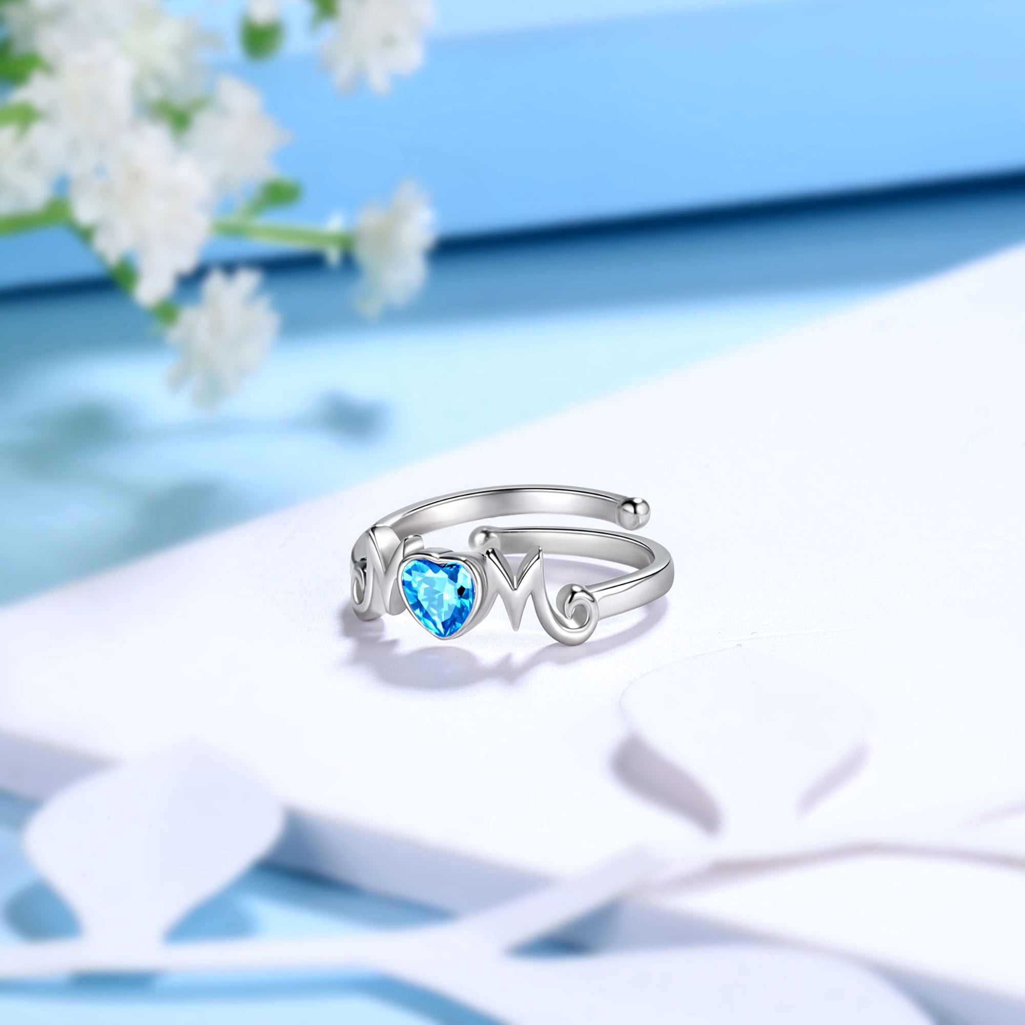 Beautlace 925 Sterling Silver Heart Mom Mother Rings,Cubic Zirconia Birthstone Adjustable Ring for Mum's Gift Grandma's Gift - Image 3
