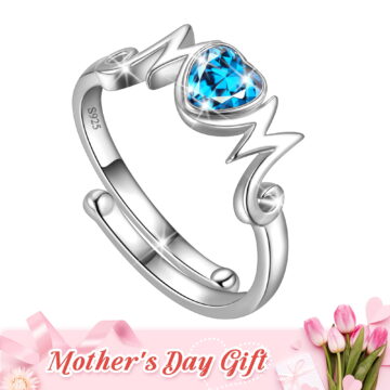 Beautlace 925 Sterling Silver Heart Mom Mother Rings,Cubic Zirconia Birthstone Adjustable Ring for Mum's Gift Grandma's Gift
