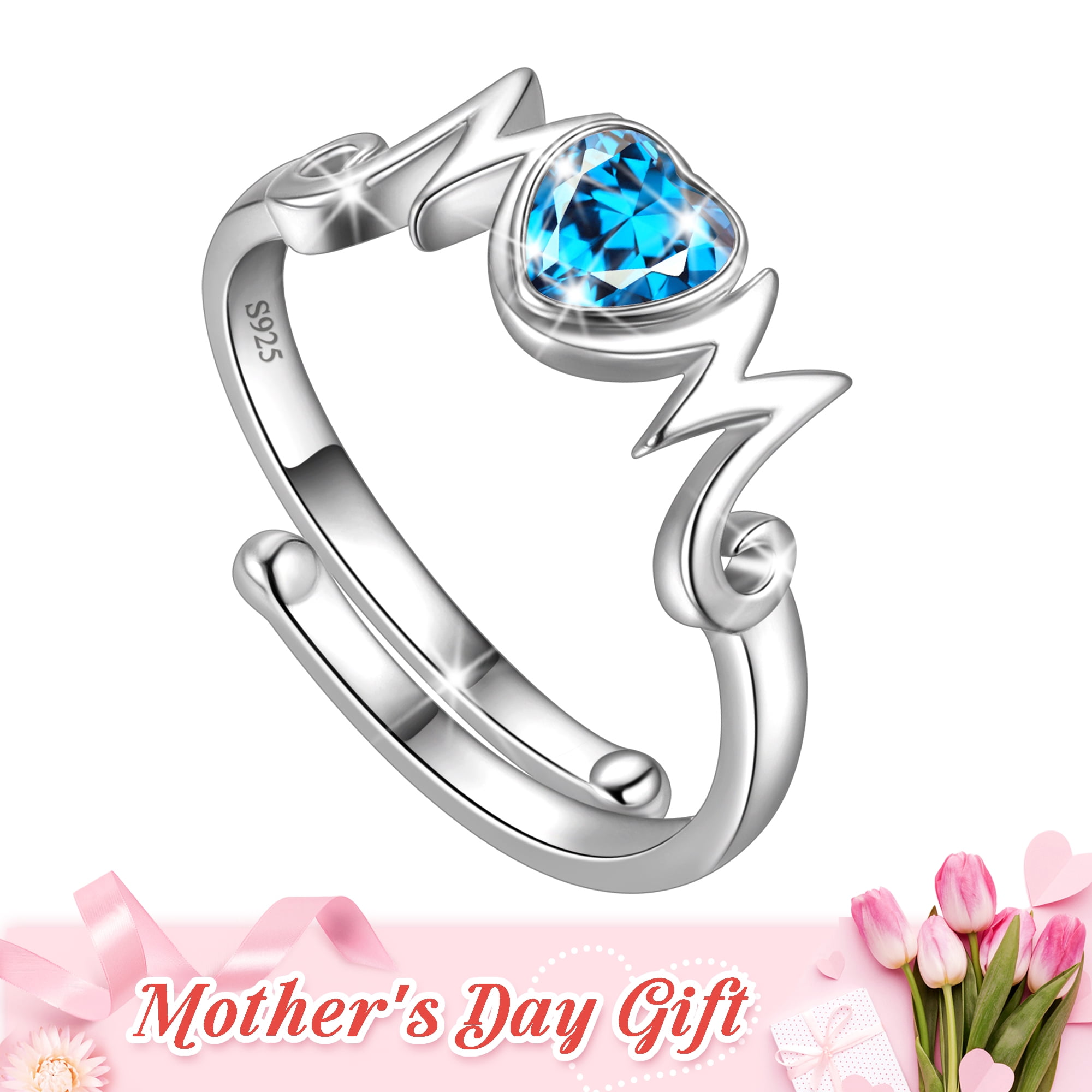 Beautlace 925 Sterling Silver Heart Mom Mother Rings,Cubic Zirconia Birthstone Adjustable Ring for Mum's Gift Grandma's Gift