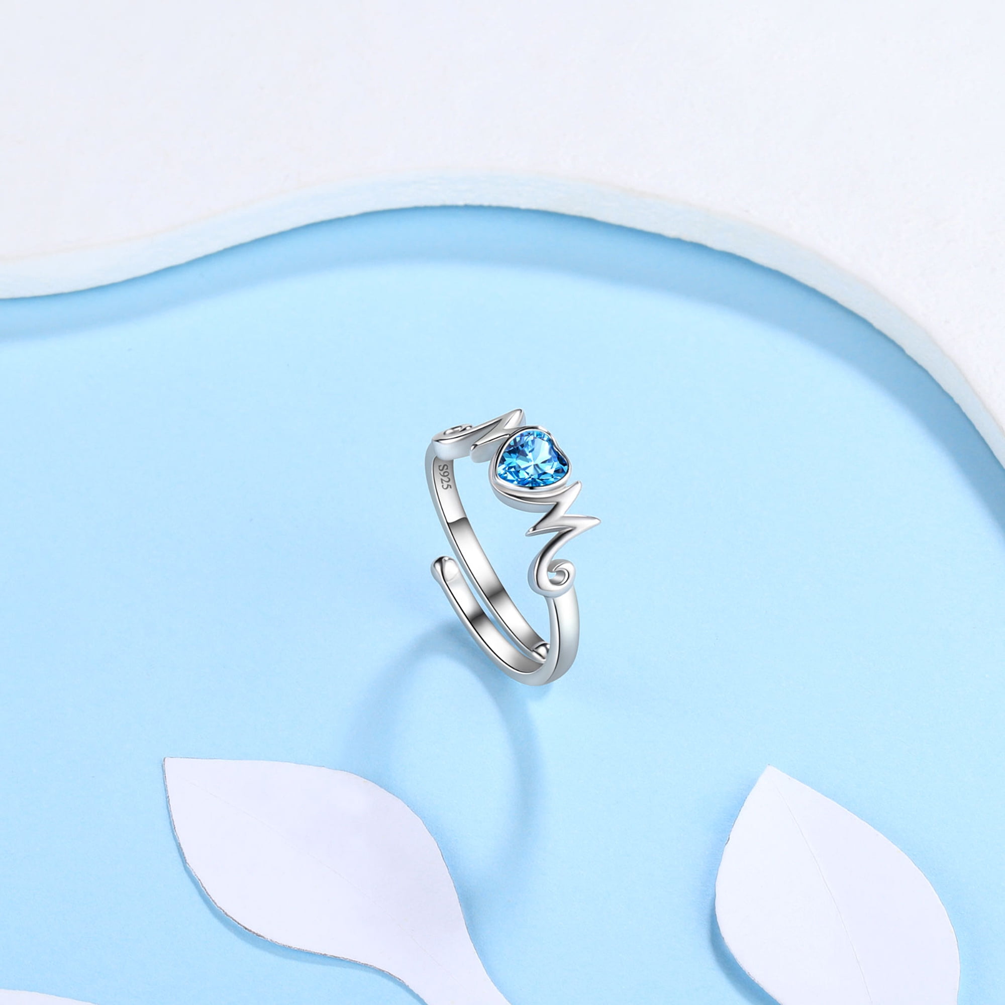 Beautlace 925 Sterling Silver Heart Mom Mother Rings,Cubic Zirconia Birthstone Adjustable Ring for Mum's Gift Grandma's Gift - Image 4