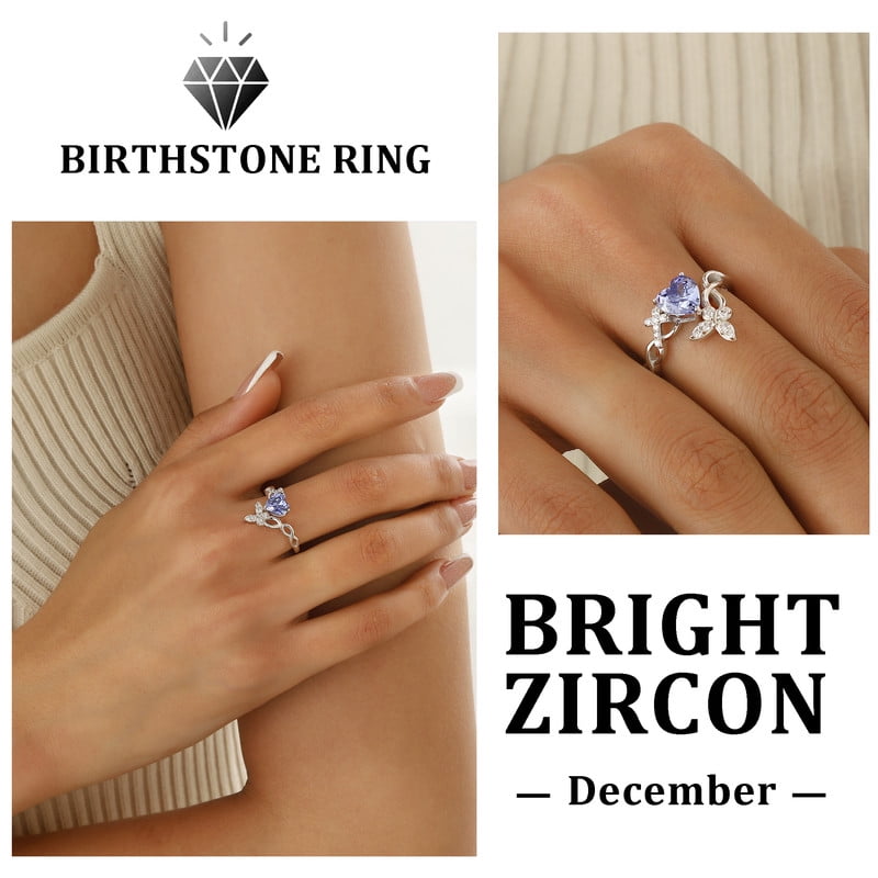 Beautlace Heart Birthstone Halo Ring,Butterfly 925 Sterling Silver Adjustable Birthstone Open Band Rings Birthday Christmas Valentines Jewelry Gifts for Women Mom-December - Image 4
