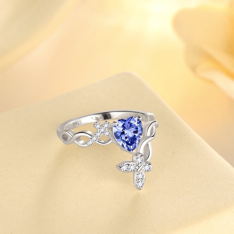 Beautlace Heart Birthstone Halo Ring,Butterfly 925 Sterling Silver Adjustable Birthstone Open Band Rings Birthday Christmas Valentines Jewelry Gifts for Women Mom-December - Image 5