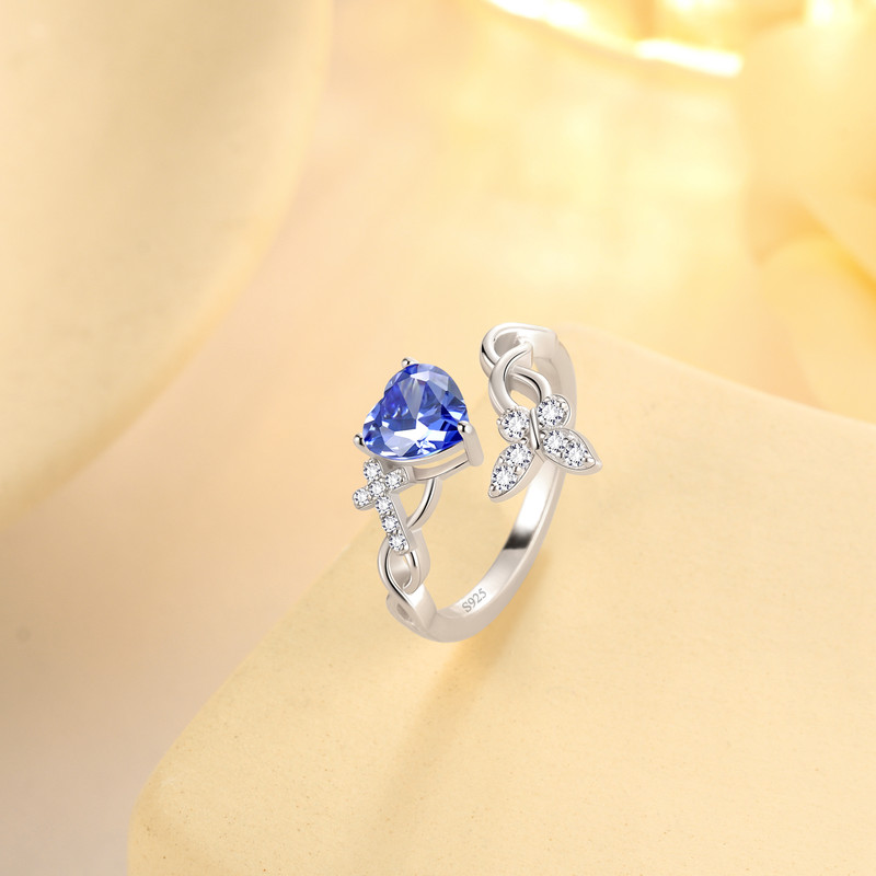 Beautlace Heart Birthstone Halo Ring,Butterfly 925 Sterling Silver Adjustable Birthstone Open Band Rings Birthday Christmas Valentines Jewelry Gifts for Women Mom-December - Image 3