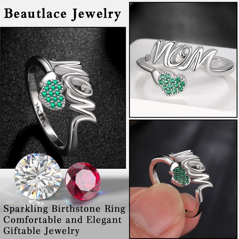 Beautlace Mom Adjustable Ring,925 Sterling Silver Love Heart May Emerald Birthstone Open Rings Mothers'Day Birthday Jewelry Gifts for Her Mom Women Gandma - Image 5