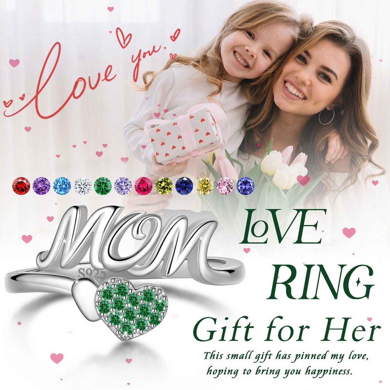 Beautlace Mom Adjustable Ring,925 Sterling Silver Love Heart May Emerald Birthstone Open Rings Mothers'Day Birthday Jewelry Gifts for Her Mom Women Gandma - Image 4