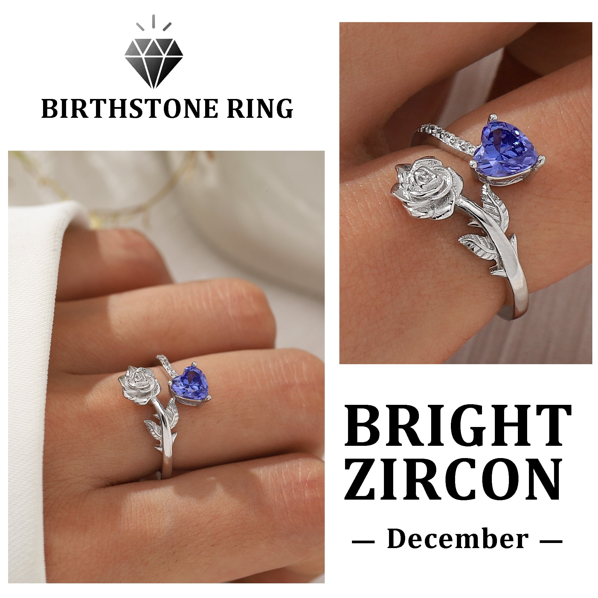 Beautlace Rose Heart Birthstone Ring,925 Sterling Silver Adjustable Open Heart Rings Jewelry Gifts for Women Mom -December - Image 3