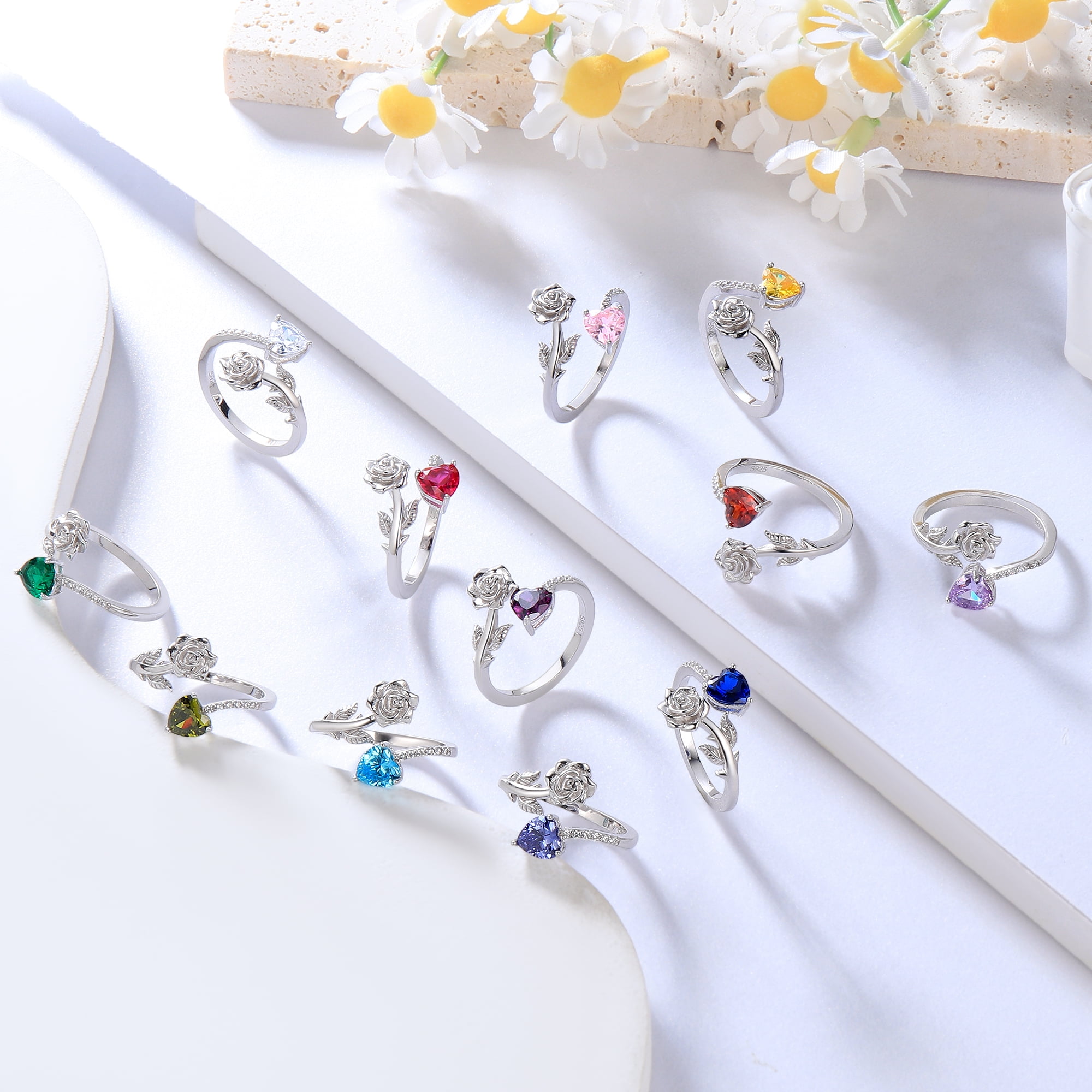 Beautlace Rose Heart Birthstone Ring,925 Sterling Silver Adjustable Open Heart Rings Jewelry Gifts for Women Mom -December - Image 4