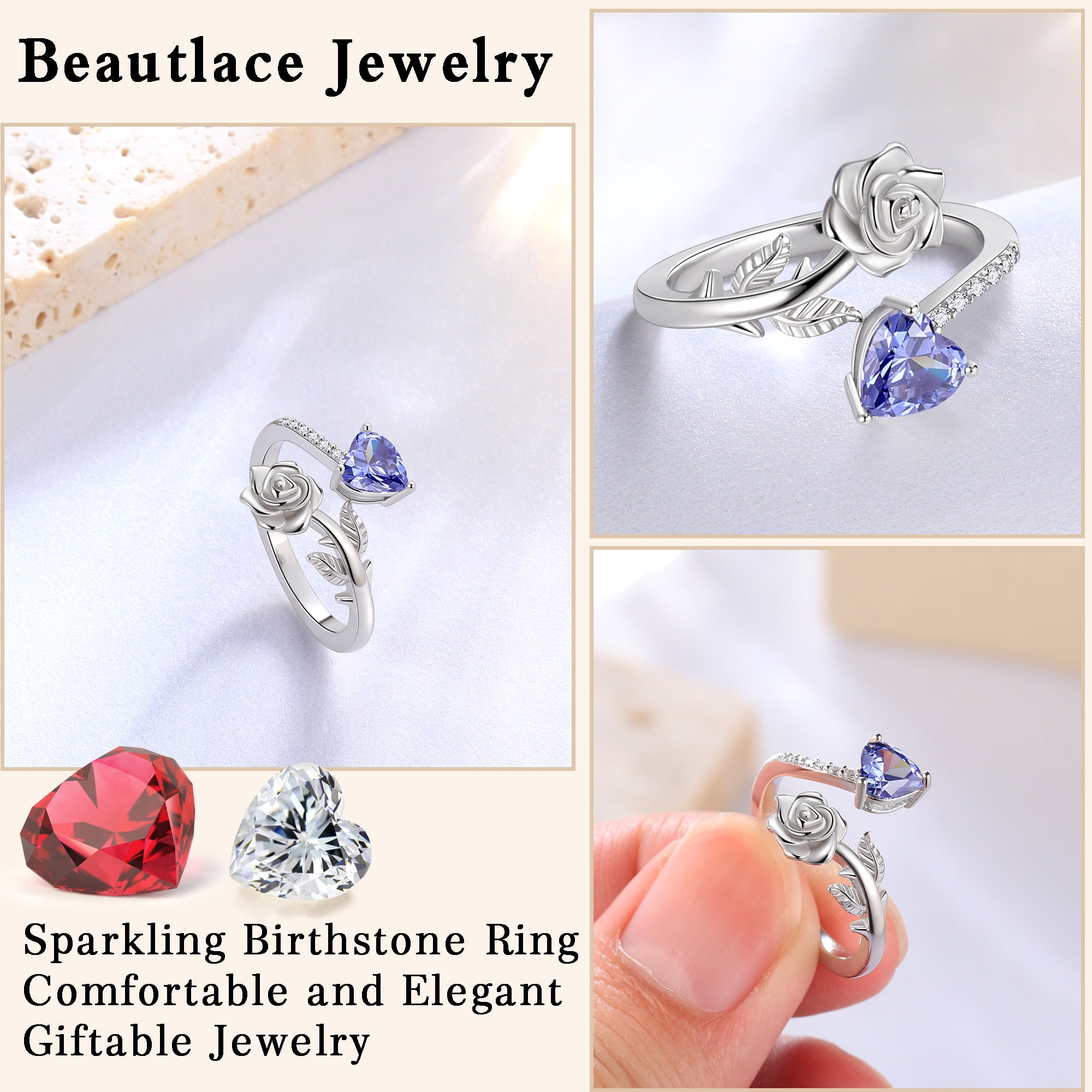Beautlace Rose Heart Birthstone Ring,925 Sterling Silver Adjustable Open Heart Rings Jewelry Gifts for Women Mom -December - Image 2