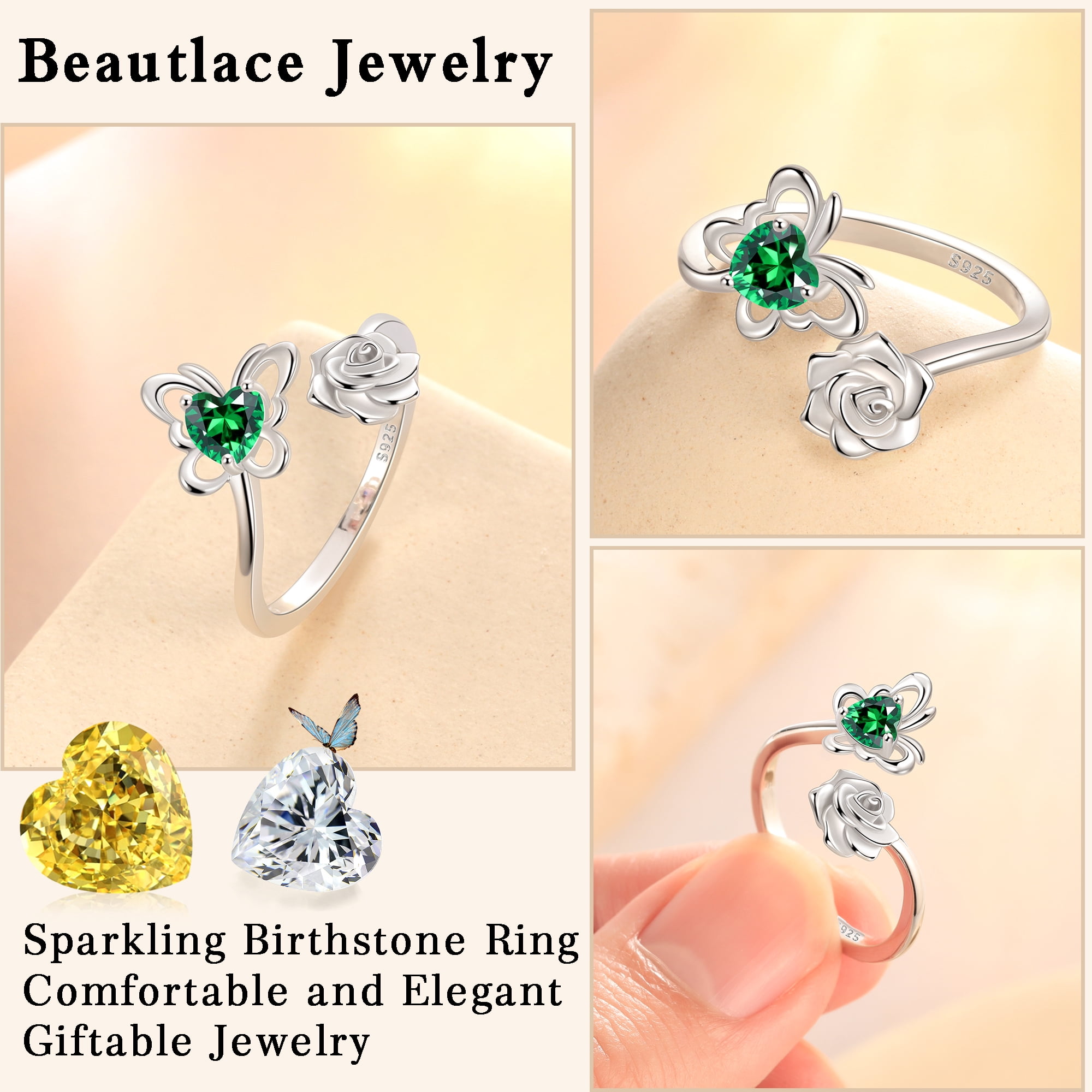 Beautlace Rose Heart Birthstone Ring,925 Sterling Silver May Emerald Butterfly Birthstone Adjustable Open Rings Birthday Christmas Mothers Day Jewelry Gifts for Women Mom - Image 4