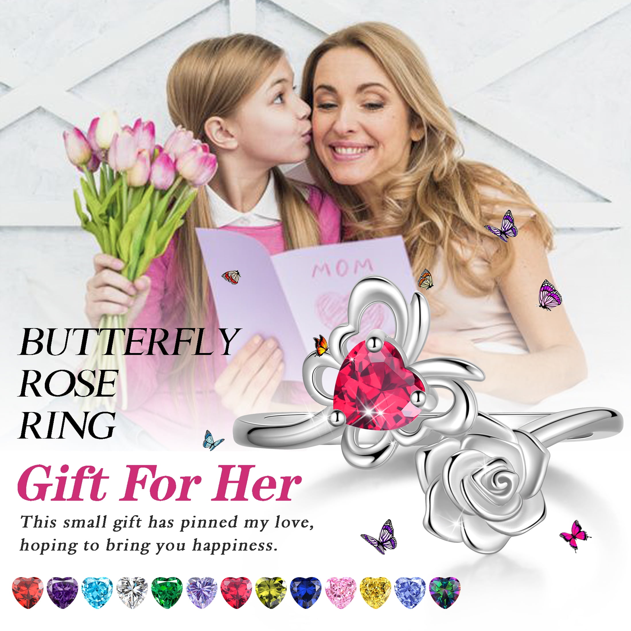 Beautlace Rose Heart Birthstone Ring,925 Sterling Silver November Citrine Butterfly Birthstone Adjustable Open Rings Birthday Christmas Valentines Mothers Day Jewelry Gifts for Women Mom - Image 2